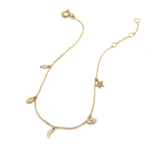 Gold charm bracelet with a lightening bolt, hamsa with diamond eye, moon, evil eye with diamond centre, and star charms.