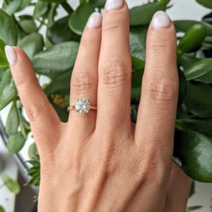 A woman's hand in front of a green houseplant with a round diamond engagement with white basket and yellow gold band on her finger and creamy white nail polish.
